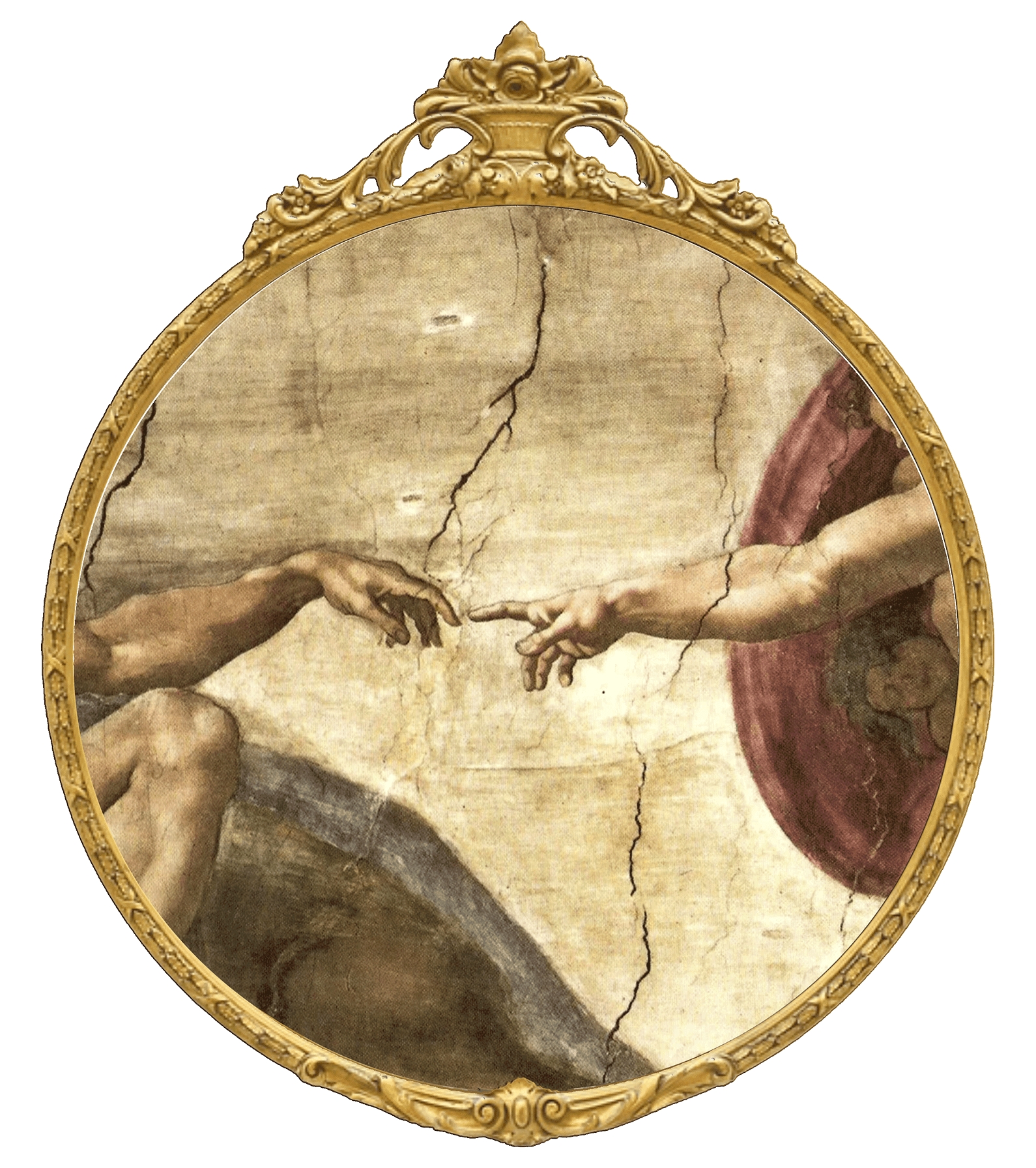 hands touching (creation) in a round ornate frame