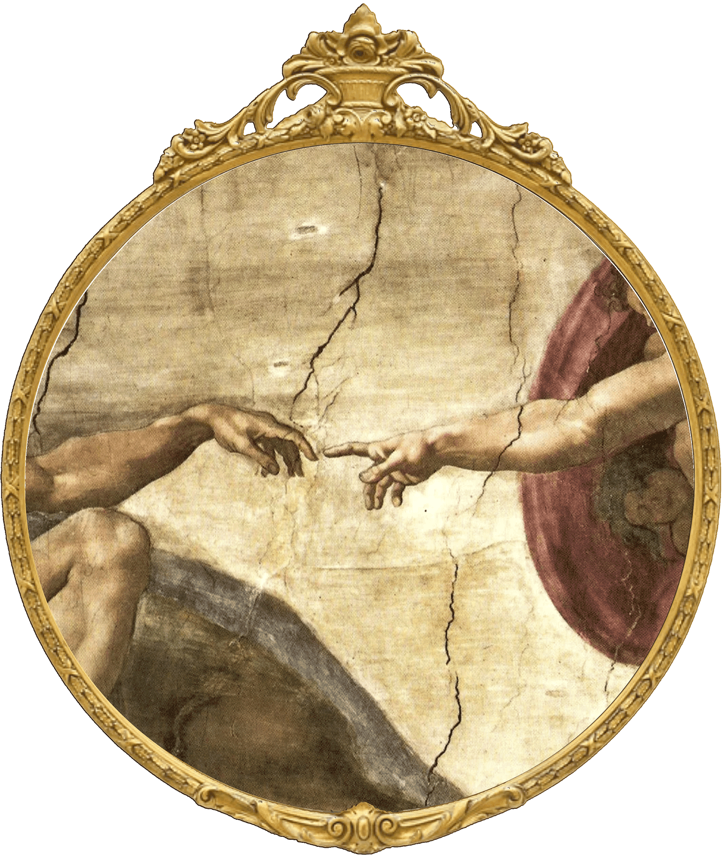 hands touching (creation) in a round ornate frame