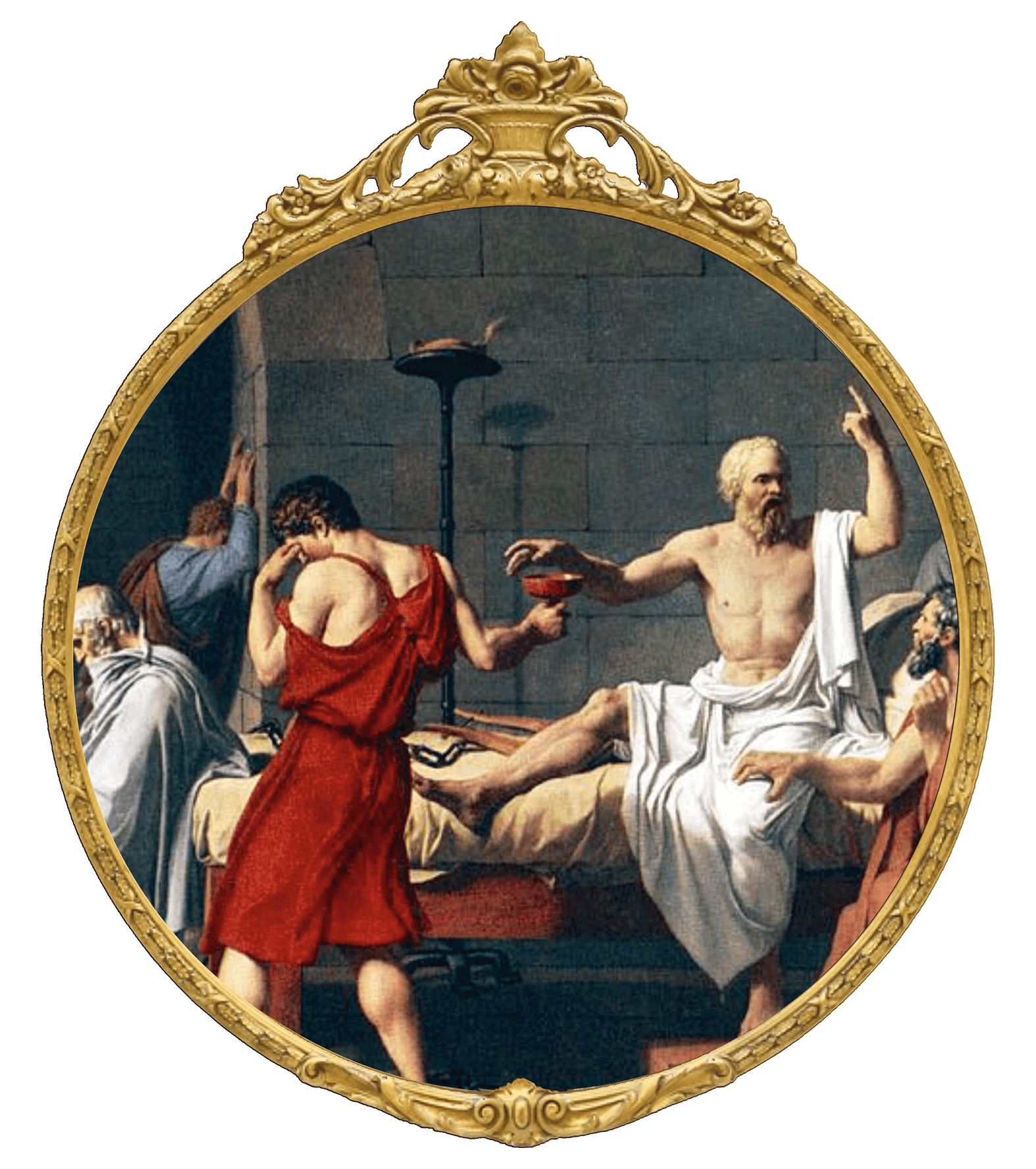 death of socrates in an round, ornate frame