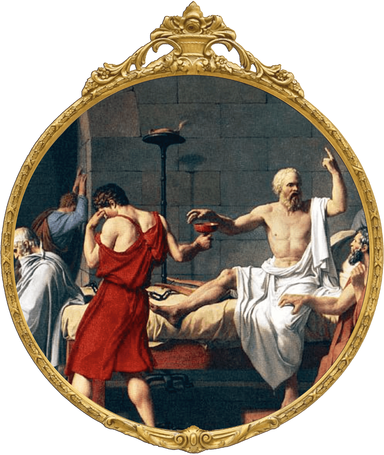 death of socrates in an round, ornate frame
