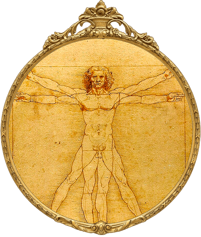 Vitruvian Man in a round ornate frame