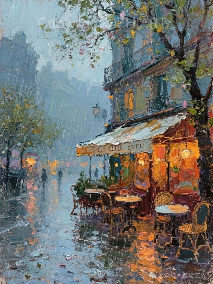 Impressionist oil painting of a rainy sidewalk cafe at dusk with glowing warm light reflecting on wet cobblestone streets