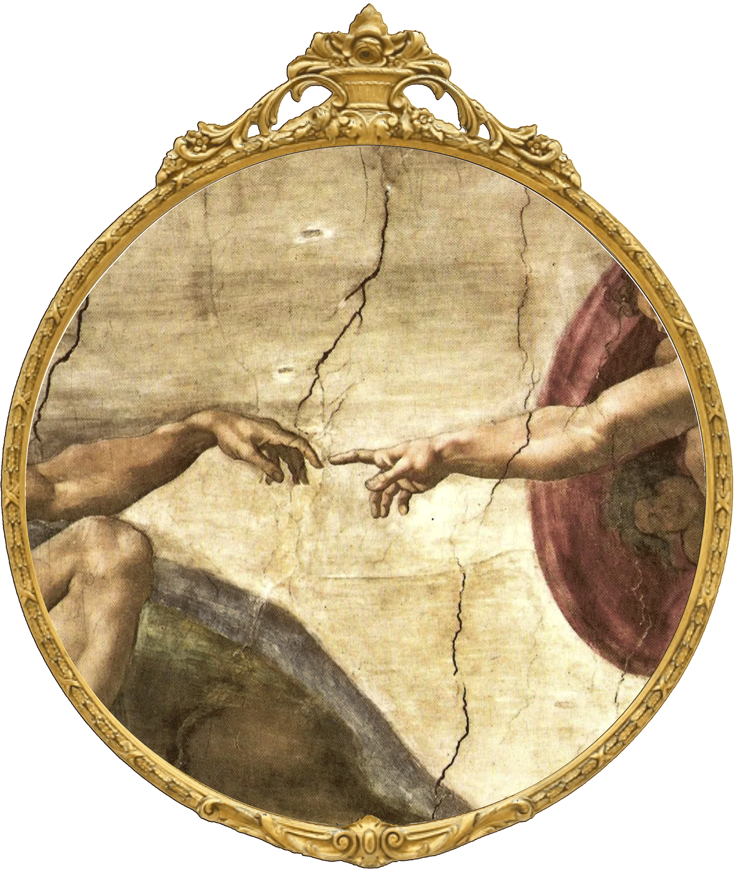 hands touching (creation) in a round ornate frame