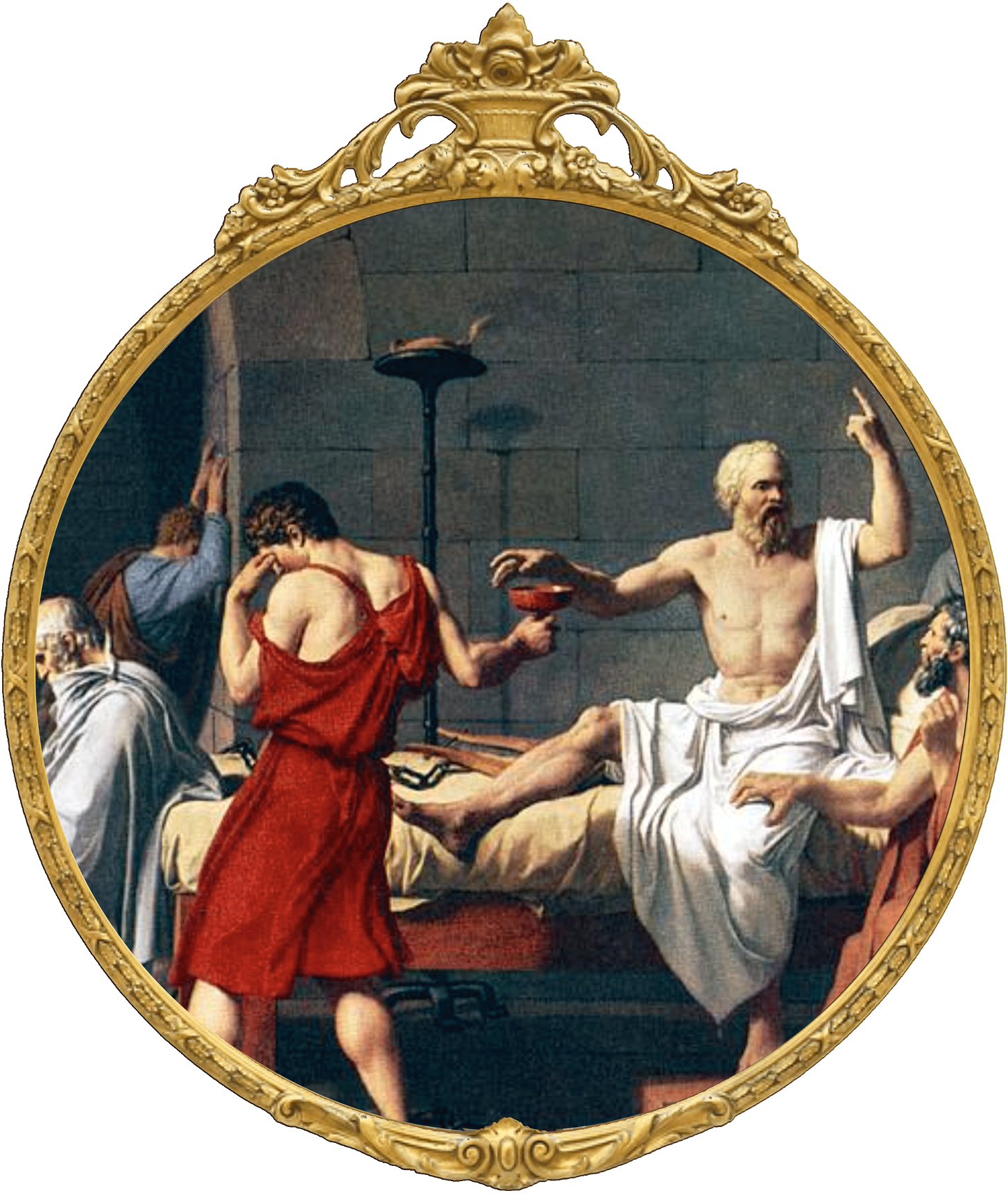 death of socrates in a round, ornate frame