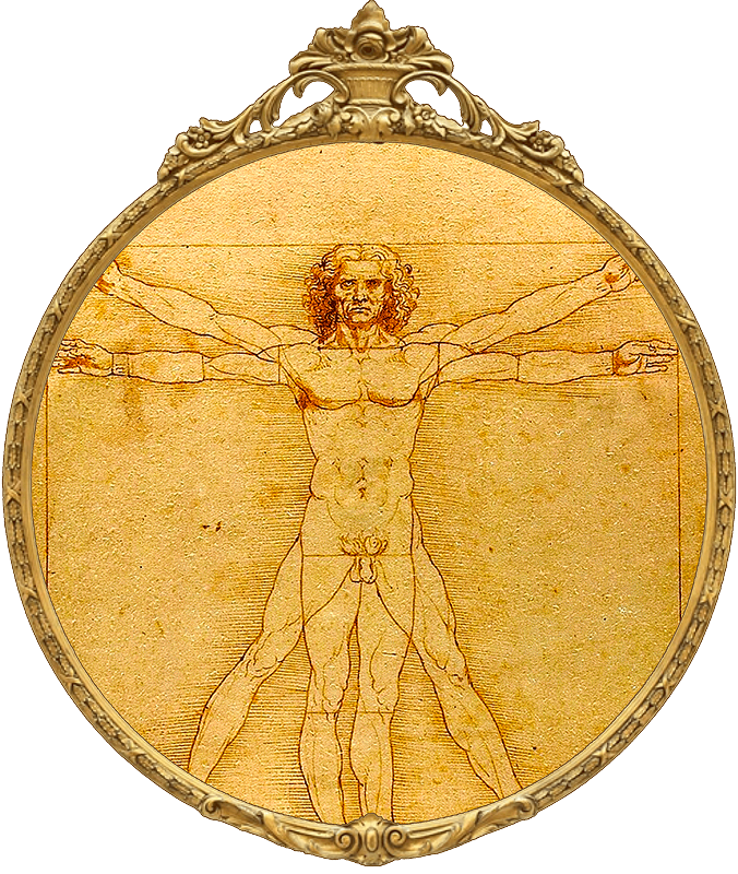Vitruvian Man in a round ornate frame